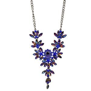 Statement Necklace Blue Rhinestones Blue AB Crystals Silver Tone